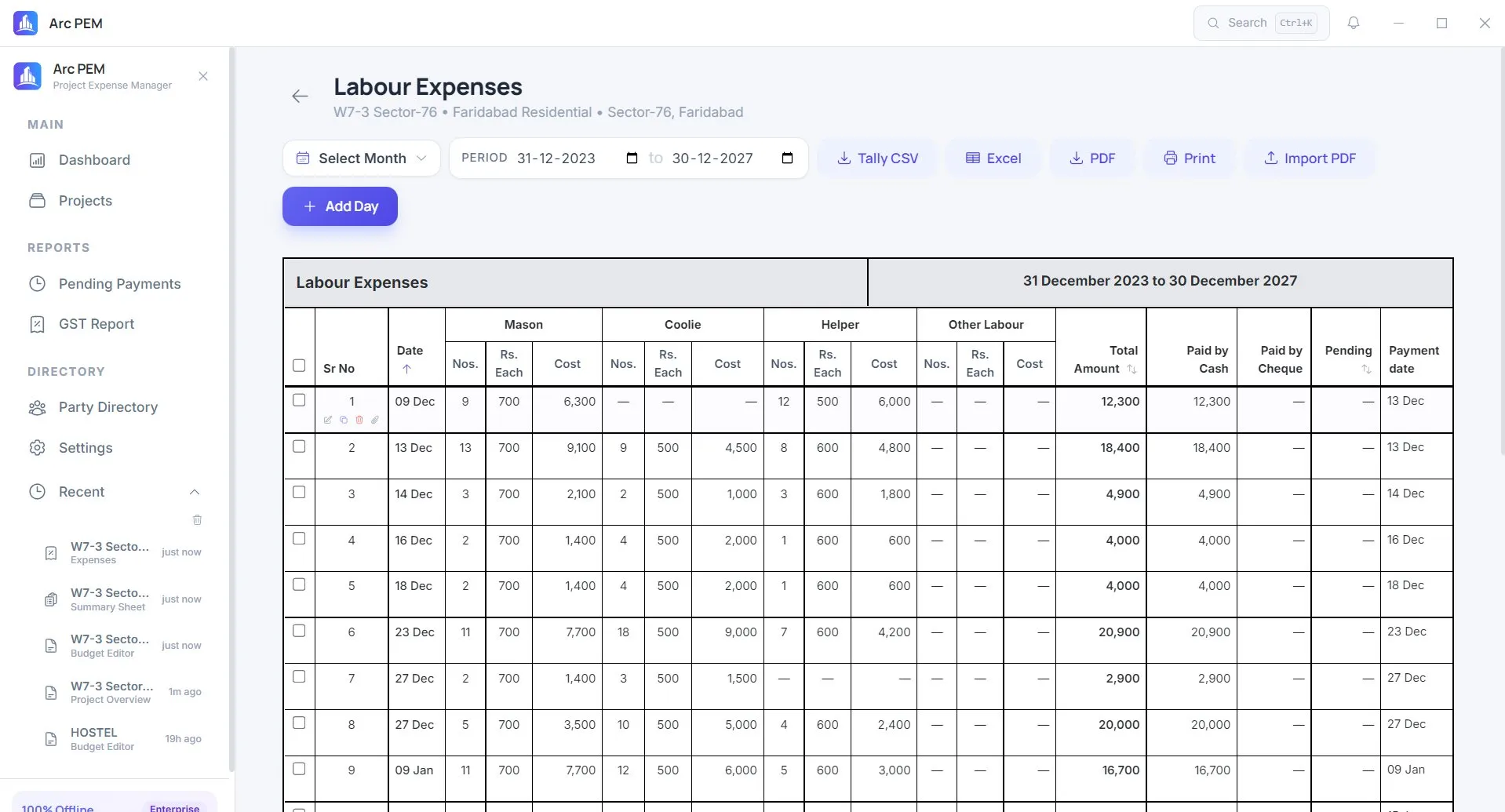 The labour ledger: daily headcount and wages for masons, coolies and helpers
