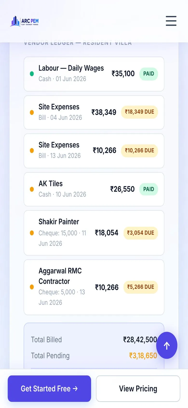 An ARC PEM vendor ledger on a phone