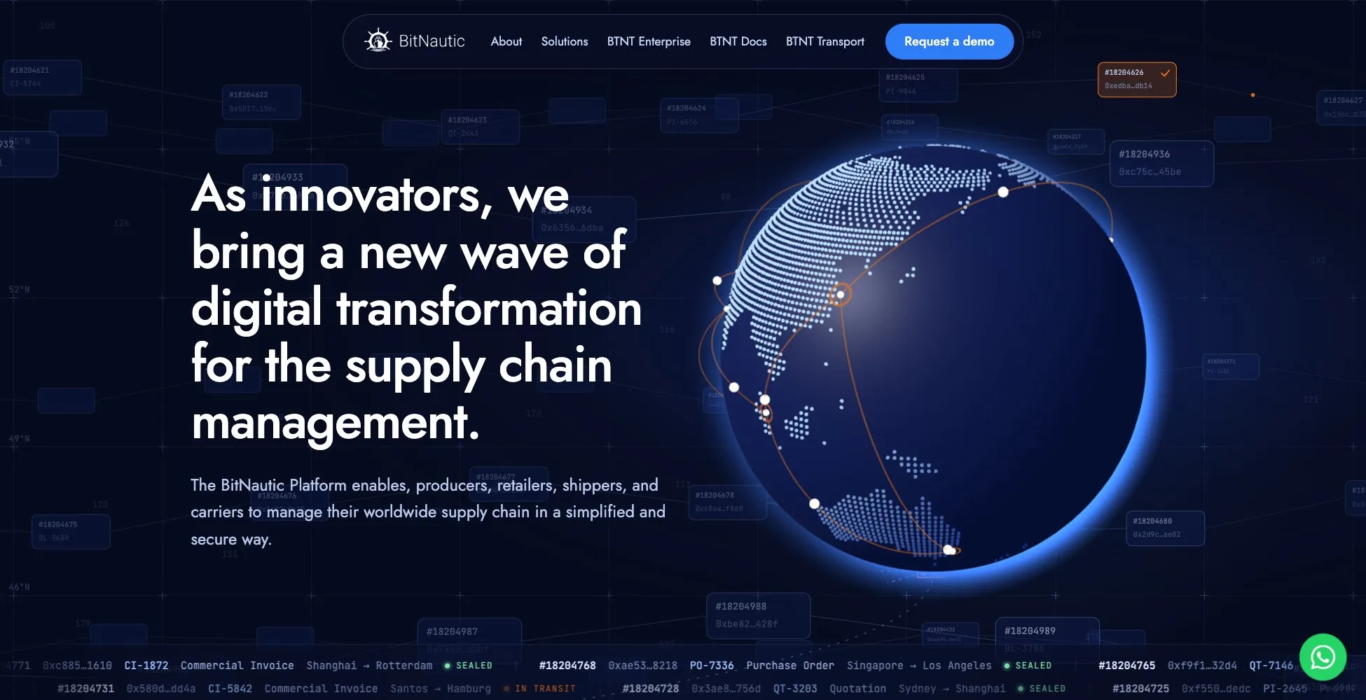 The BitNautic home page: the headline beside a globe with shipping lanes