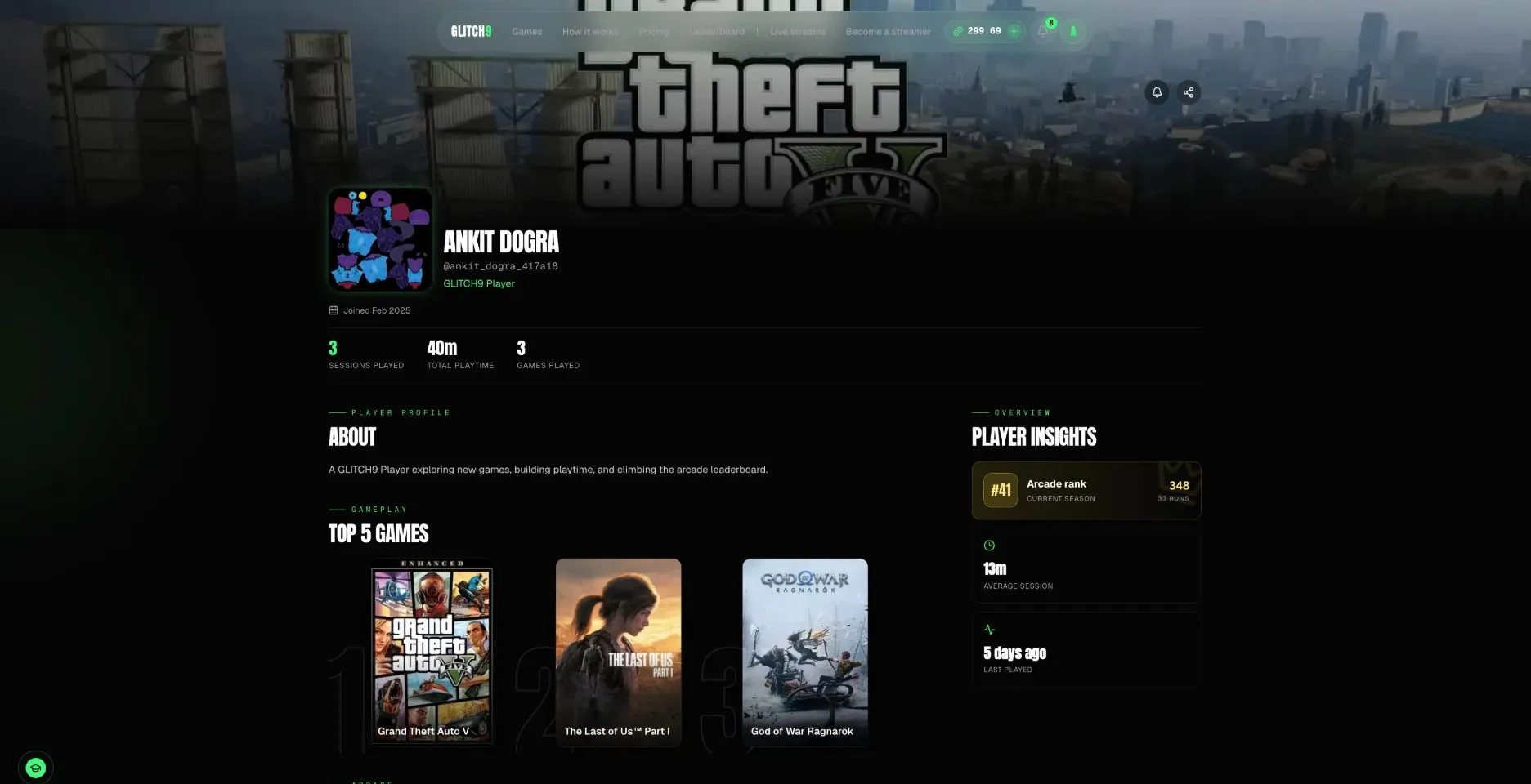 A Glitch9 player profile with playtime, top games and arcade rank