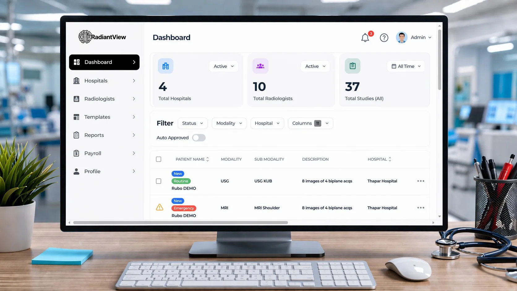 The RadiantView admin dashboard on a monitor