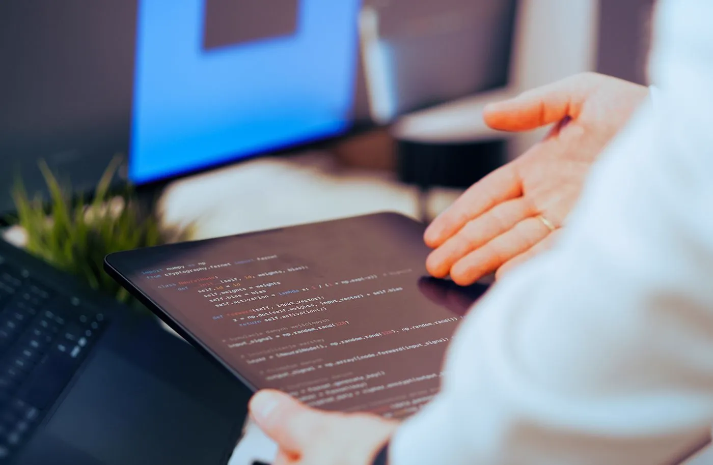 Hands going through code on a tablet
